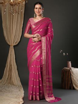 Akhilam - Women Pure Georgette Pink Woven Design Designer Saree with Unstitched Blouse
