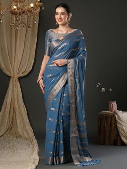 Akhilam - Women Pure Georgette Blue Woven Design Designer Saree with Unstitched Blouse
