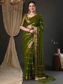 Akhilam - Women Pure Georgette Olive Woven Design Saree with Unstitched Blouse