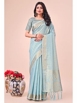 Mysilklove - Chrome Blue Woven Organza Saree without Blouse