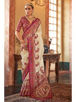 Mysilklove - Cashmere Cream Printed Banarasi Saree without Blouse