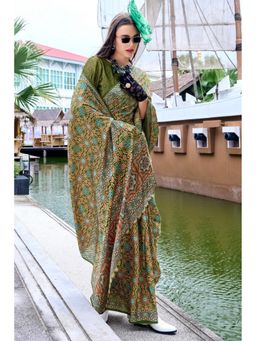 Mysilklove - Army Green Printed Satin Crepe Silk Saree without Blouse