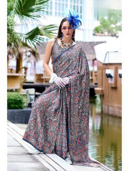 Mysilklove - Lava Grey Printed Satin Crepe Silk Saree without Blouse