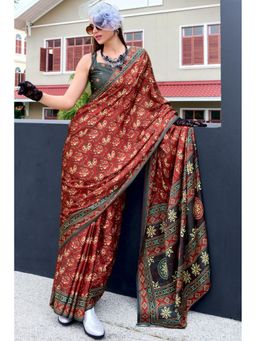 Mysilklove - Caramel Brown Printed Satin Crepe Silk Saree without Blouse