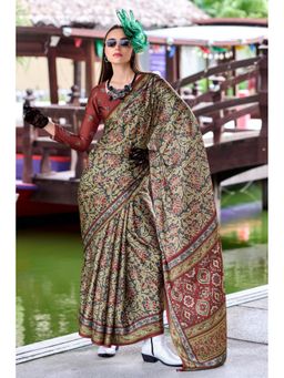 Mysilklove - Seaweed Green Printed Satin Crepe Silk Saree without Blouse