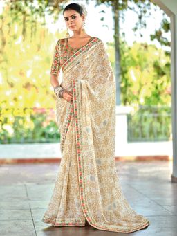 Akhilam - Women Georgette Cream Embellished Saree with Unstitched Blouse