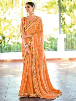 Akhilam - Women Georgette Orange Embellished Saree with Unstitched Blouse