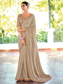 Akhilam - Women Georgette Beige Embellished Saree with Unstitched Blouse