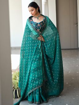 Akhilam - Women Georgette Green Printed Saree with Unstitched Blouse