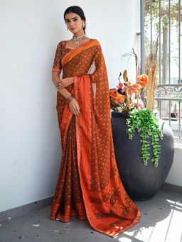 Akhilam - Women Georgette Rust Printed Saree with Unstitched Blouse