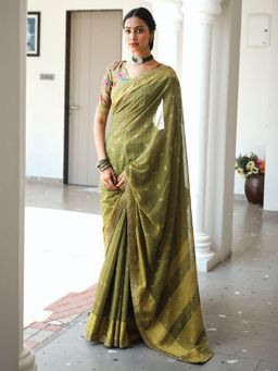 Akhilam - Women Georgette Light Green Printed Saree with Unstitched Blouse