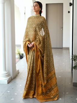 Akhilam - Women Georgette Olive Printed Saree with Unstitched Blouse