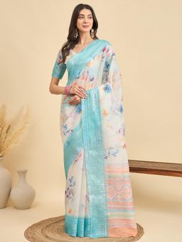 Akhilam - Women Linen Off White Printed Saree with Unstitched Blouse