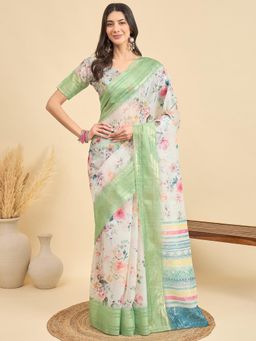 Akhilam - Women Linen Off White Printed Saree with Unstitched Blouse