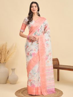 Akhilam - Women Linen Off White Printed Saree with Unstitched Blouse