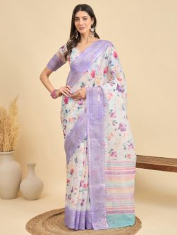 Akhilam - Women Linen Off White Printed Saree with Unstitched Blouse