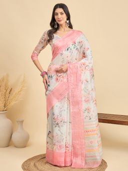 Akhilam - Women Linen Off White Printed Saree with Unstitched Blouse