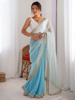 Sareemall - Women Net Blue Embellished Designer Saree with Unstitched Blouse