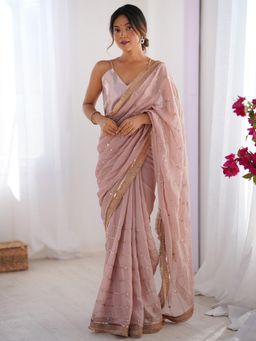 Sareemall - Women Organza Beige Embellished Designer Saree with Unstitched Blouse