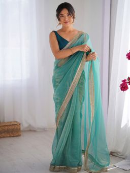Sareemall - Women Net Teal Blue Embellished Designer Saree with Unstitched Blouse