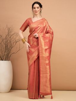 Akhilam - Women Satin Silk Orange Woven Design Saree with Unstitched Blouse