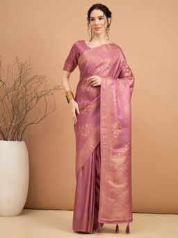 Akhilam - Women Satin Silk Pink Woven Design Saree with Unstitched Blouse