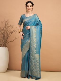 Akhilam - Women Satin Silk Blue Woven Design Saree with Unstitched Blouse