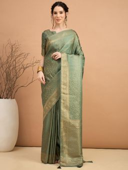 Akhilam - Women Satin Silk Light Green Woven Design Saree with Unstitched Blouse