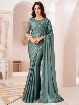 Akhilam - Women Satin Silk Teal Blue Embellished Designer Saree with Unstitched Blouse