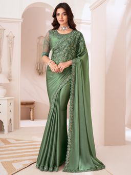 Akhilam - Women Satin Silk Green Embellished Designer Saree with Unstitched Blouse