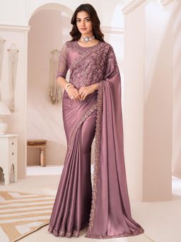 Akhilam - Women Satin Silk Mauve Embellished Designer Saree with Unstitched Blouse
