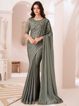 Akhilam - Women Satin Silk Turquoise Embellished Designer Saree with Unstitched Blouse
