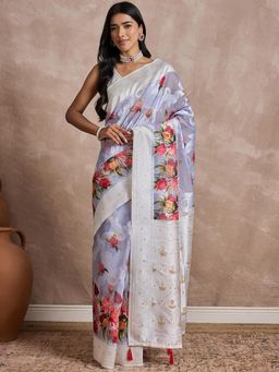 Akhilam - Women Cotton Blend Lavender Woven Design Saree with Unstitched Blouse