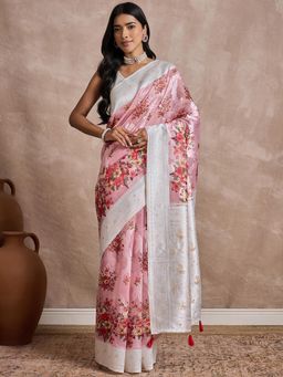 Akhilam - Women Cotton Blend Pink Woven Design Saree with Unstitched Blouse
