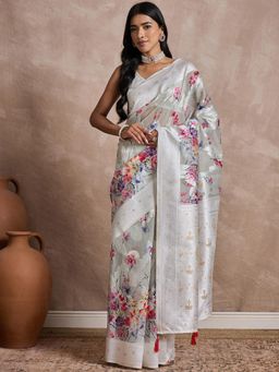 Akhilam - Women Cotton Blend Green Woven Design Saree with Unstitched Blouse