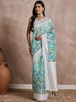 Akhilam - Women Cotton Blend Turquoise Woven Design Saree with Unstitched Blouse