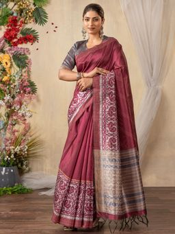 Akhilam - Women Silk Cotton Burgundy Printed Saree with Unstitched Blouse