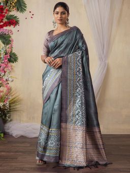 Akhilam - Women Silk Cotton Grey Printed Saree with Unstitched Blouse