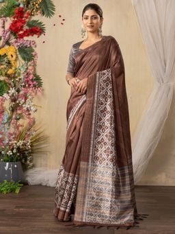 Akhilam - Women Silk Cotton Brown Printed Saree with Unstitched Blouse