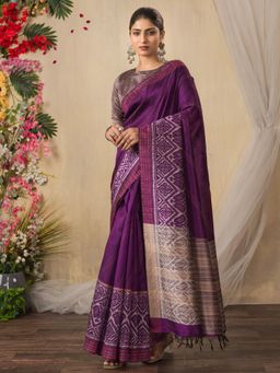 Akhilam - Women Silk Cotton Magenta Printed Saree with Unstitched Blouse
