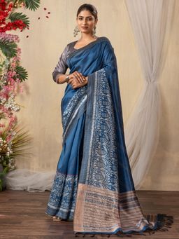 Akhilam - Women Silk Cotton Blue Printed Saree with Unstitched Blouse