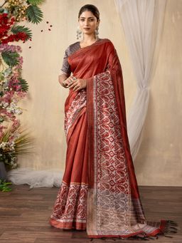 Akhilam - Women Silk Cotton Rust Printed Saree with Unstitched Blouse