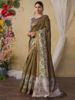 Akhilam - Women Silk Cotton Olive Printed Saree with Unstitched Blouse