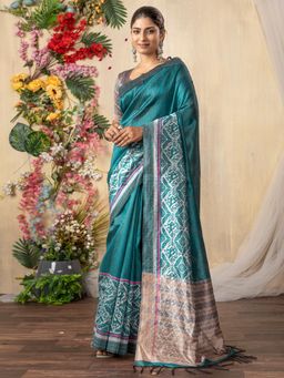 Akhilam - Women Silk Cotton Teal Printed Saree with Unstitched Blouse