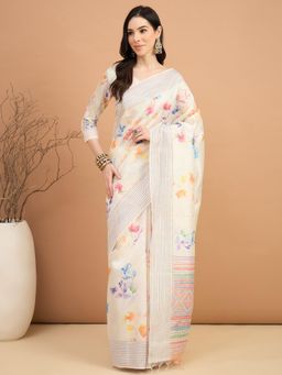Akhilam - Women Silk Cotton Off White Printed Saree with Unstitched Blouse