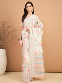 Akhilam - Women Silk Cotton Off White Printed Saree with Unstitched Blouse