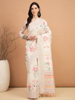 Akhilam - Women Silk Cotton Off White Printed Saree with Unstitched Blouse