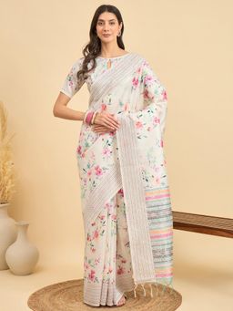 Akhilam - Women Silk Cotton Off White Printed Saree with Unstitched Blouse