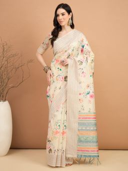 Akhilam - Women Silk Cotton Off White Printed Saree with Unstitched Blouse
