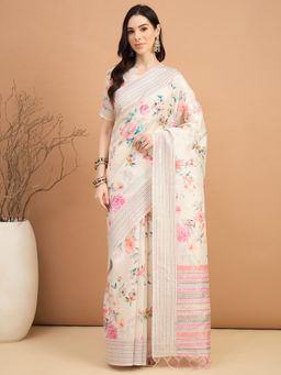 Akhilam - Women Silk Cotton Off White Printed Saree with Unstitched Blouse